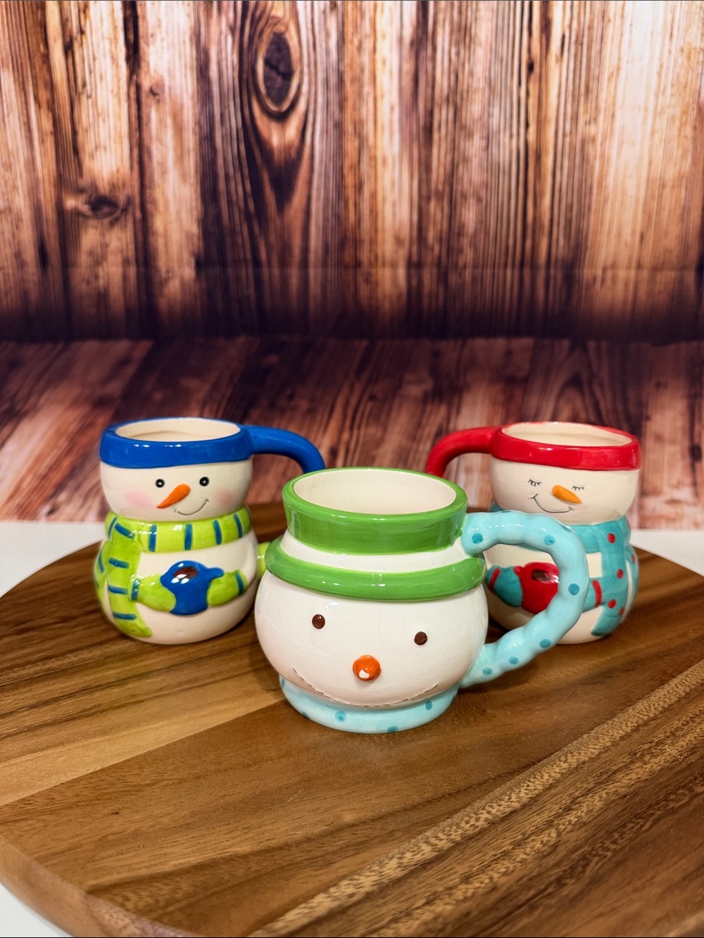 Festive Snowman Ceramic Mug Set - Green, Blue & Red